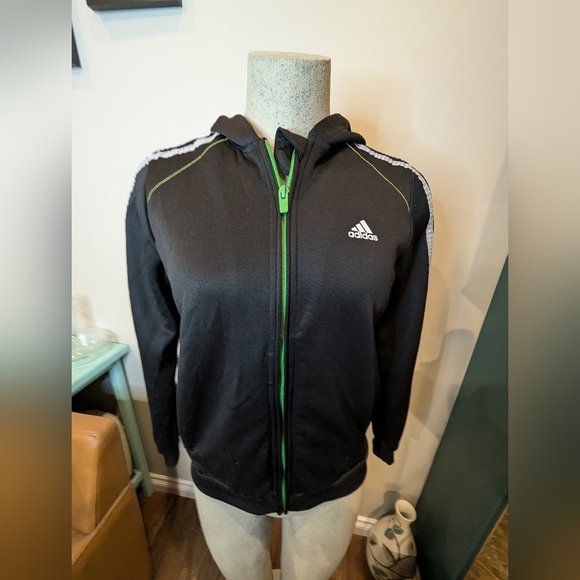Adidas 3 stripe full zip Black with silver gray stripes. Youth Size L - Picture 10 of 15